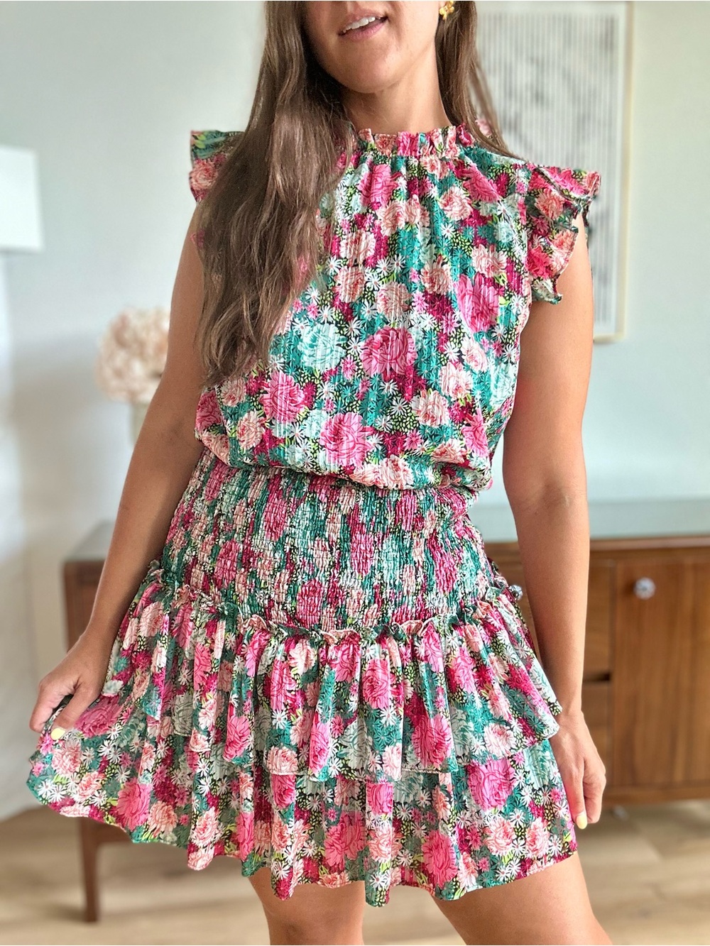 TCEC Floral Smocked Waist Tiered Flutter Sleeve Mini Dress